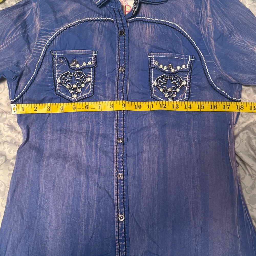 391 Roar Western Cowboy Top Blue Purple Embroidered Gem Shirt Large - Picture 9 of 9